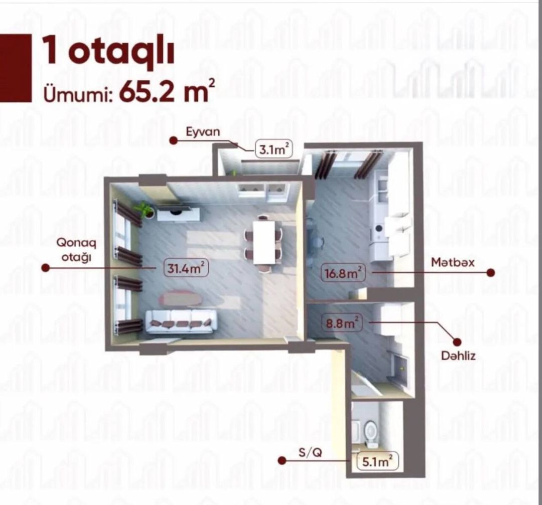 Satılır 1 otaqlı yeni tikili 65.2 m² — Mənzil, Bakı (6)
