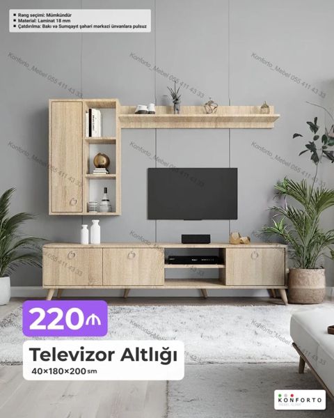 Televizor altlığı və asma rəf-li divar sistemi - Ölçü: 40 180 200 — Bakı