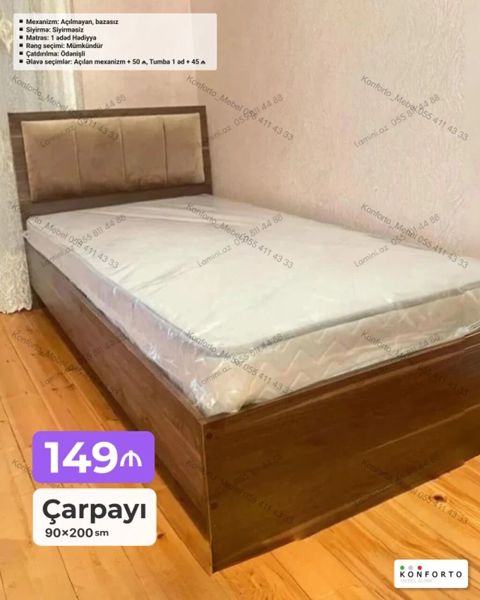 Məhsul: Tək nəfərlik çarpayı Ölçü: 90 200 sm Qiymət: 149 — Bakı