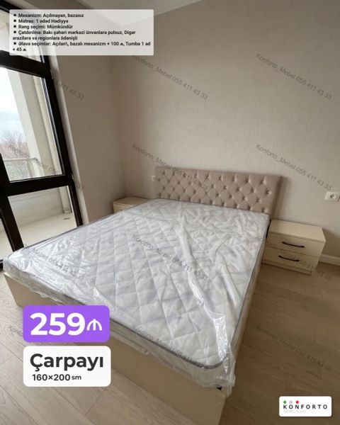 Məhsul: Çarpayı 160×200 sm - Başlıq: düyməli kapitone, yumşaq — Bakı