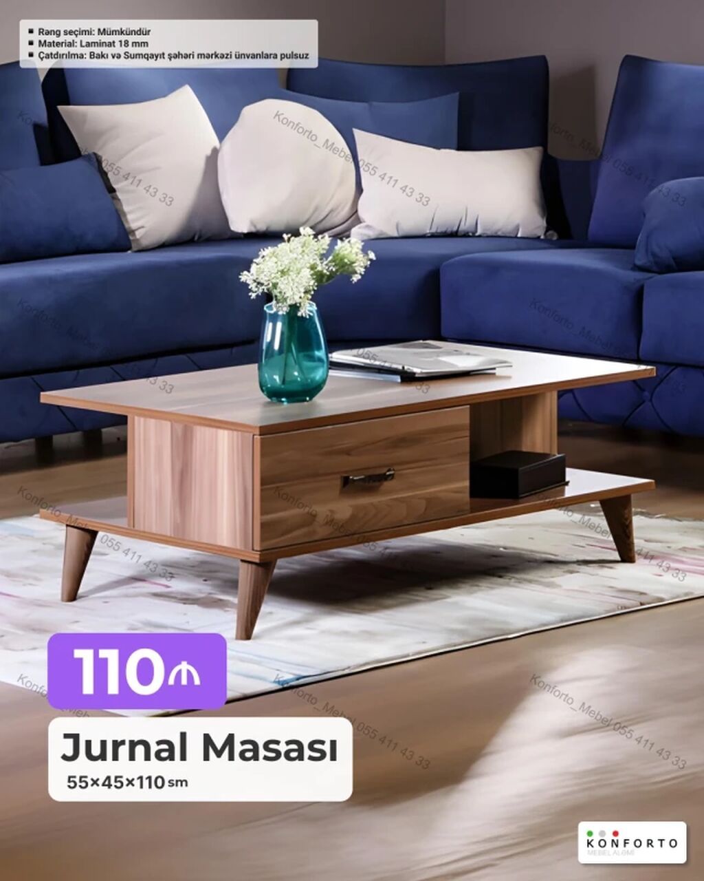 Düz masa, Açılmayan, Təkərsiz, Mat laminat, Zəmanətsiz, Pulsuz quraşdırılma — Jurnal masaları, Bakı