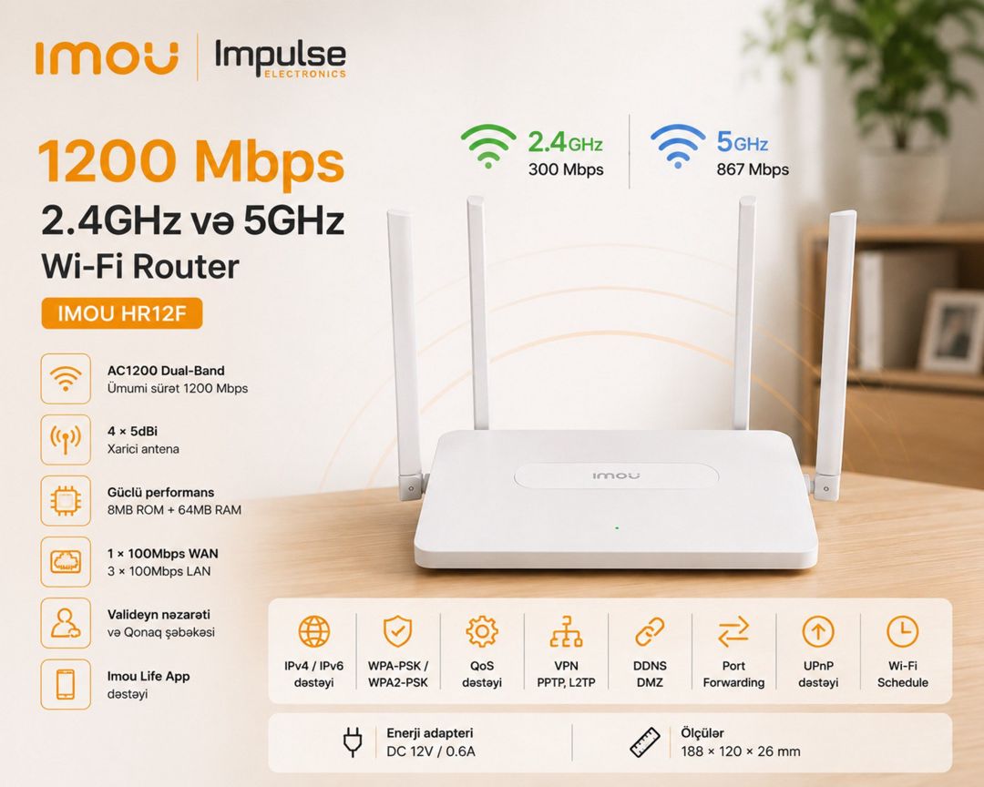 Imou AC1200 Wi-Fi Router – 2.4GHz / 5GHz, 4 Antena HR12F — Şəbəkə və server avadanlığı, Bakı (2)