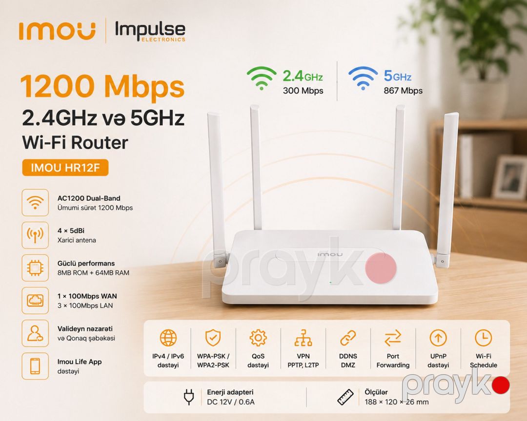 Imou AC1200 Wi-Fi Router – 2.4GHz / 5GHz, 4 Antena HR12F — Şəbəkə və server avadanlığı, Bakı (2)