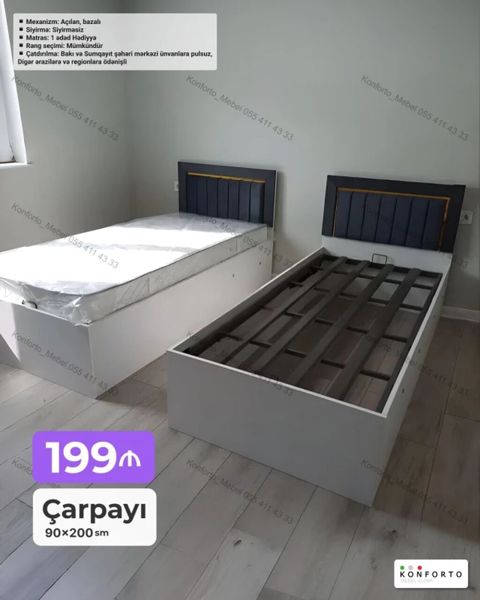 Çarpayı – 90×200 sm - Mexanizm: açılan, bazalı - Süngər: sıyrılmasız — Bakı