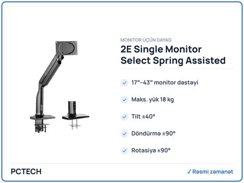 2E Single Monitor Select Spring Assisted Aluminum Monitor Arm with USB (2E-1MCBUSB) — Bakı