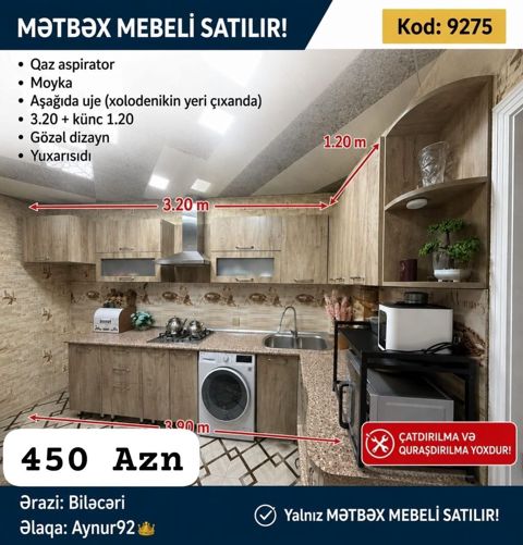Aynur92 Kod: 9275 Mətbəx mebeli satılır Qiymət: 450 AZN Qaz — Mehdiabad