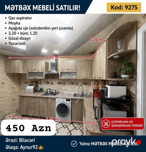 Aynur92 Kod: 9275 Mətbəx mebeli satılır Qiymət: 450 AZN Qaz — Mehdiabad