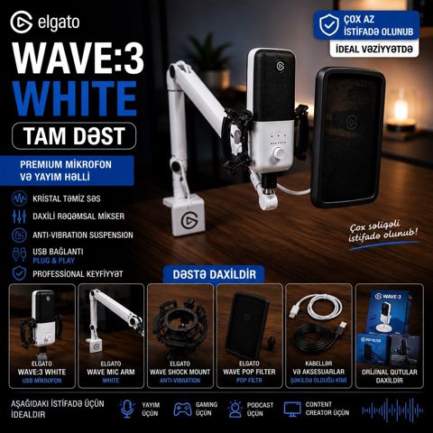 Elgato Wave:3 White Microphone Full Set + Mic Arm — Bakı