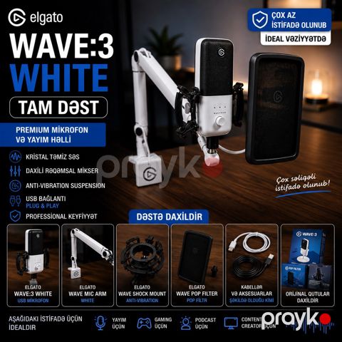 Elgato Wave:3 White Microphone Full Set + Mic Arm — Bakı