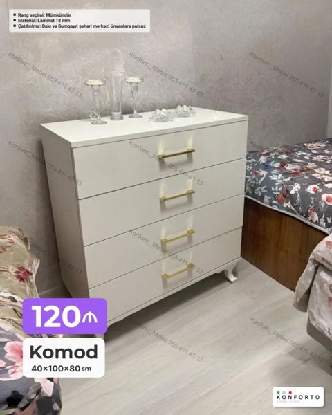 Komod – 4 çekmecəli, müasir dizayn. Ölçülər: 40×100×80 sm. Material — Bakı