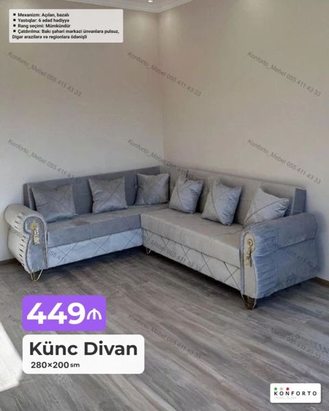 Künc divan – 280×200 sm - Mexanizm: açılan, bazalı (yuxarı qaldırılan — Bakı