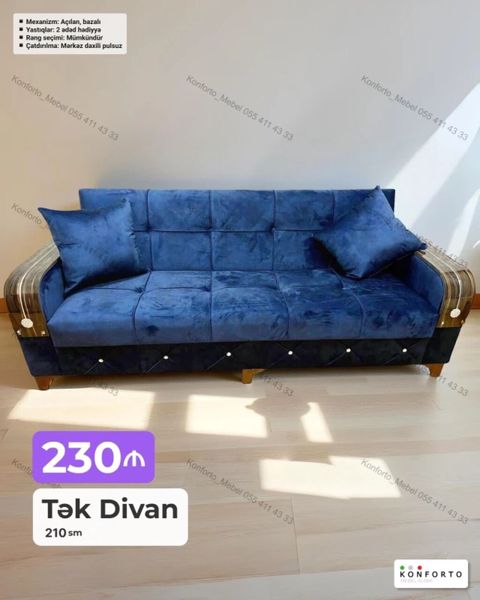 Tək divan – 210 sm Qiymət: 230 Xüsusiyyətlər: - Mexanizm: açılan — Bakı