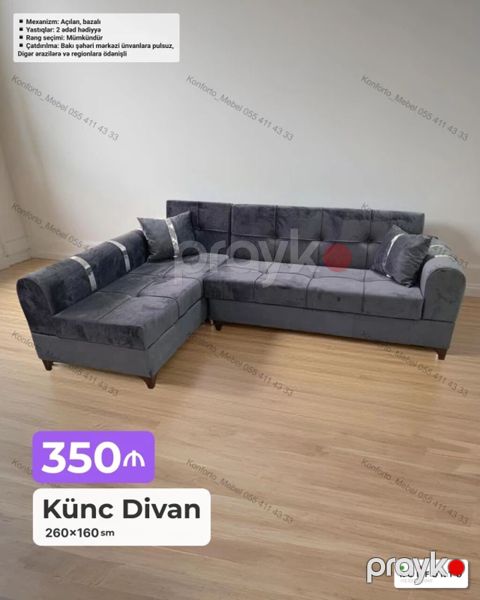 Künc divan – 260×160 sm - Mexanizm: açılan, bazalı (geniş sandıq — Bakı