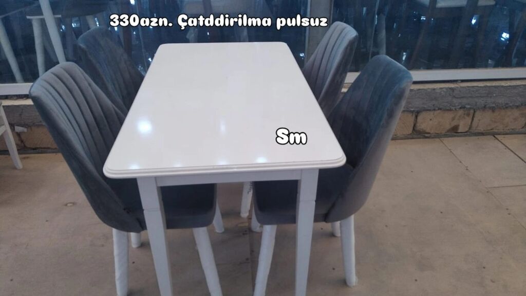 Ağ yemək/qonaq masası dəsti – 4 stul ilə - Masa: düzbucaqlı, yumru — Masalar və stullar, Bakı