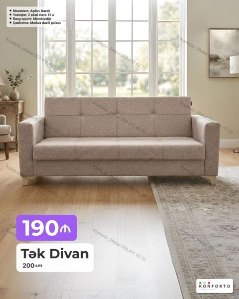 Tək divan – 200 sm Xüsusiyyətlər: - Mexanizm: açılan, bazalı (yataq — Bakı