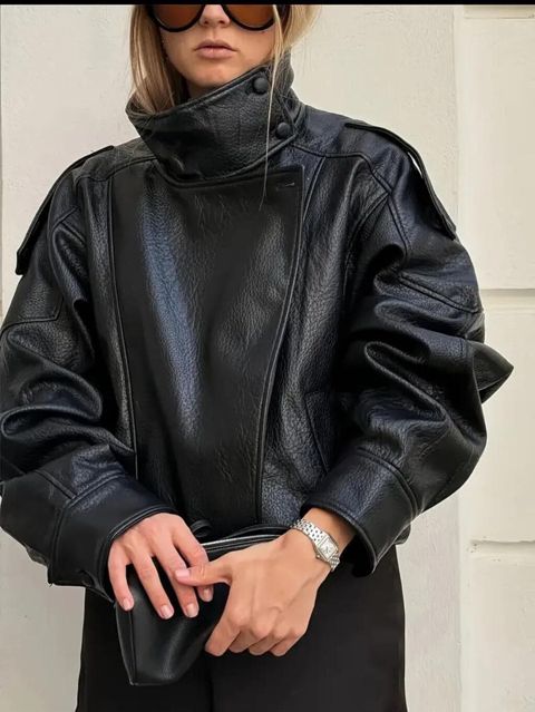 Qadınlar üçün oversize dəri gödəkçə - Rəng: qara -Ölçü: S - Material