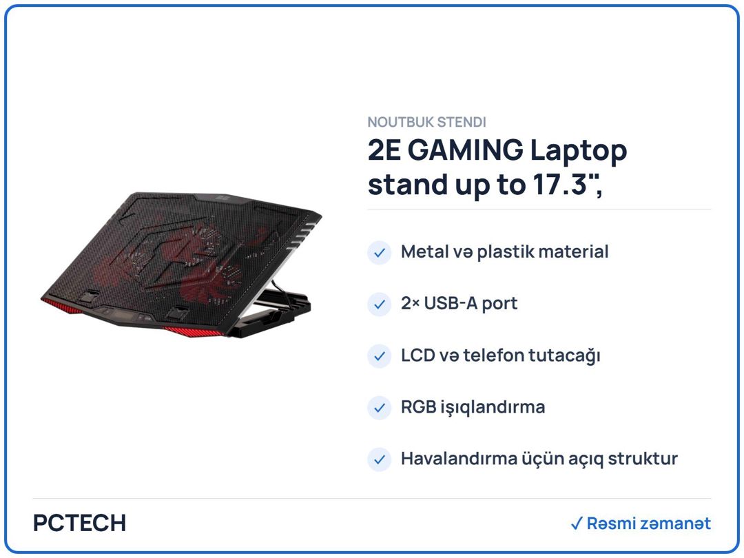 2E Gamıng Laptop stand up to 17.3", 2xUSB-A, LCD/phone holder, RGB, black (2E-CPG-005) — Periferik cihazlar, Bakı