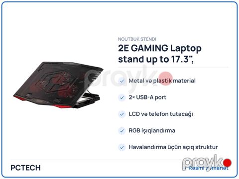 2E Gamıng Laptop stand up to 17.3", 2xUSB-A, LCD/phone holder, RGB, black (2E-CPG-005) — Bakı
