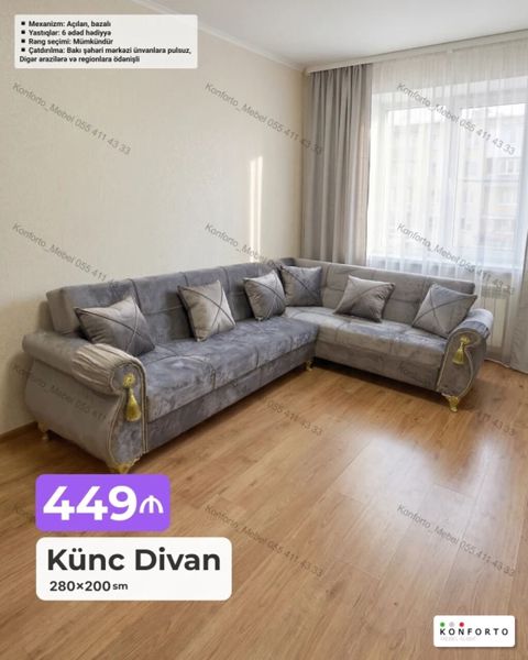 Künc Divan – 280×200 sm - Mexanizm: açılan, bazalı - Yaşlıqlar: 6 — Bakı