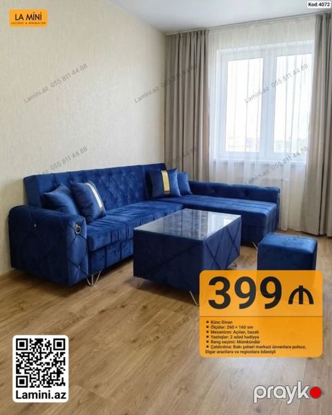 Məhsul: Künc Divan Dəsti (Kod: 4072) - Ölçülər: 260 x 160 sm — Bakı