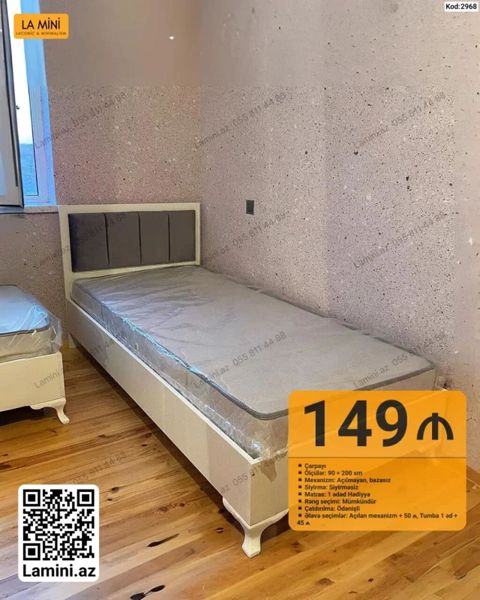 Tək nəfərlik çarpayı – Kod: 2968 - Ölçü: 90 200 sm - Mexanizm — Bakı