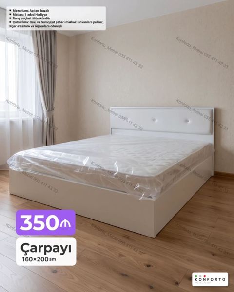 Çarpayı – 160×200 sm, ağ rəngdə, modern dizayn. Xüsusiyyətlər — Bakı