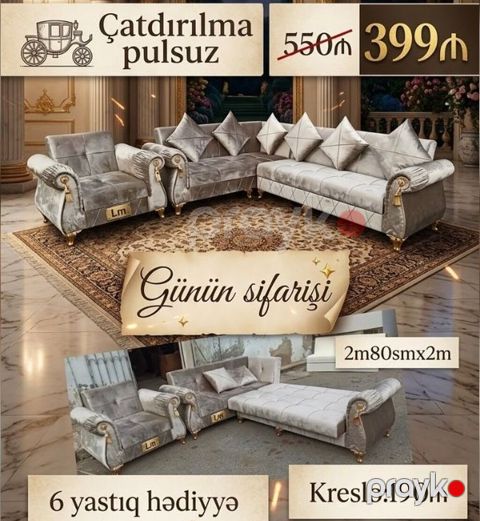 Künc divan dəsti – zərif qızılı detallı, yumşaq velvet/parça üzlük — Bakı