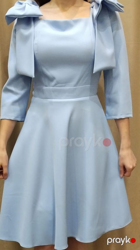 Göy-mavi rəngdə elegant qadın paltarı. - Model: A-kəsim, beldən — Bakı
