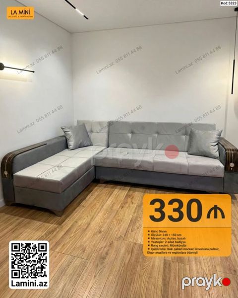 Künc Divan – Kod: 5323 - Ölçülər: 240 150 sm - Mexanizm: Açılan — Bakı