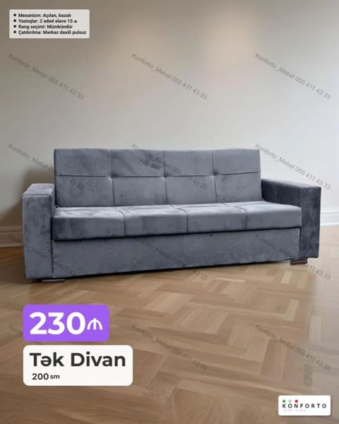 Tək divan – 200 sm - Rəng seçimi mümkündür - Mexanizm: açılan, bazalı — Bakı