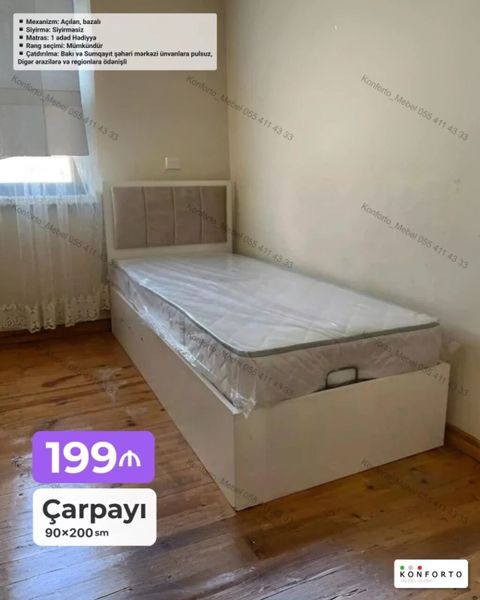 Çarpayı – 90×200 sm Mexanizm: Açılan, bazalı (alt hissə saxlama — Bakı