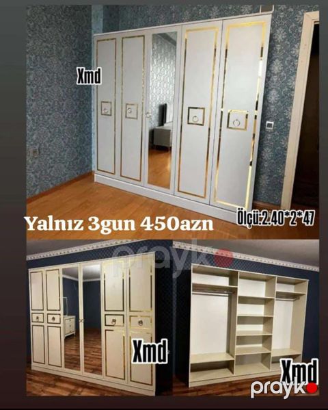 Klassik dizaynlı 5 qapılı paltar dolabı - Ölçü: 240 200 47 sm