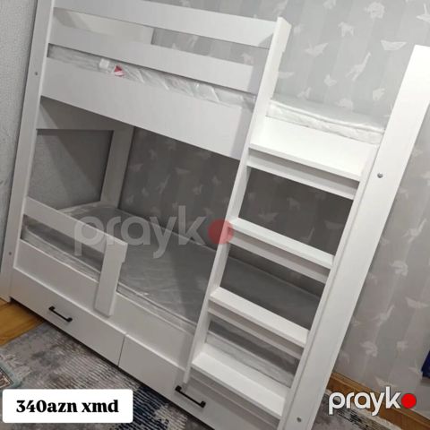 İki mərtəbəli uşaq çarpayısı – ağ rəngdə, kompakt və praktik dizayn — Bakı