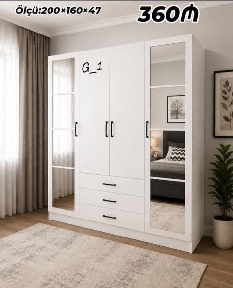 Ağ rəngdə, müasir dizaynlı paltar dolabı – model G_1. Ölçü: 200 160 — Mehdiabad