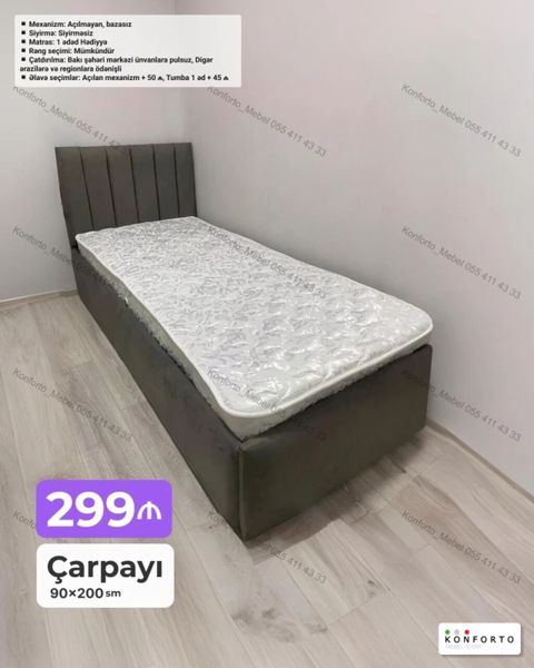 Tək nəfərlik çarpayı – 90×200 sm Mexanizm: Açılmayan, bazasız — Bakı