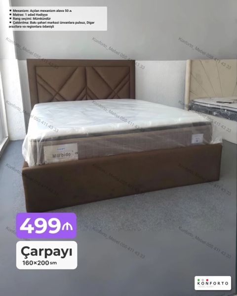Çarpayı – 160×200 sm - Yumşaq başlıqla, müasir dizayn - Matras — Bakı