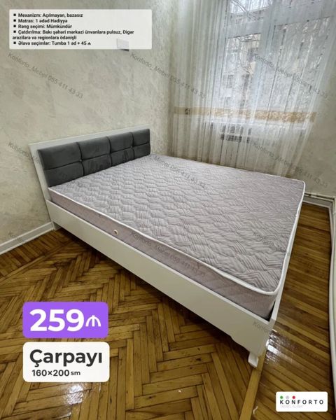 Çarpayı – 160×200 sm - Mexanizm: açılmayan, bazasız - Başlıq: yumşaq — Bakı