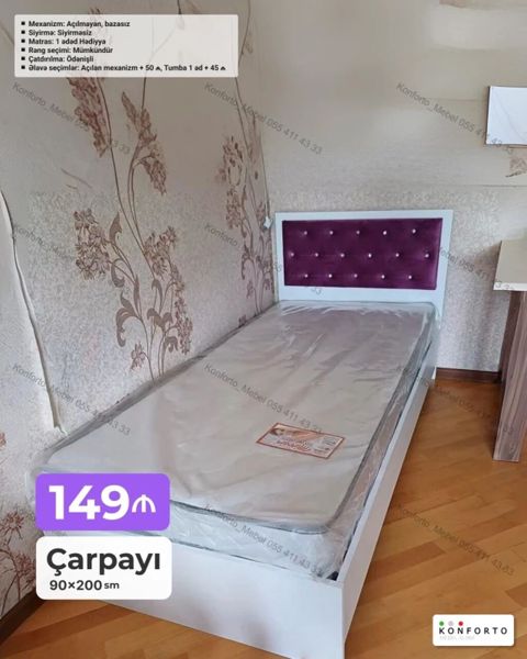 Çarpayı – 90×200 sm - Başlıq: ağ korpus, bənövşəyi düyməli yumşaq — Bakı