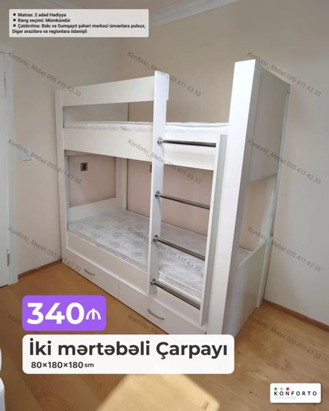 İki mərtəbəli çarpayı – 80×180×180 sm - Kompakt ölçülər: 80 sm eni — Bakı