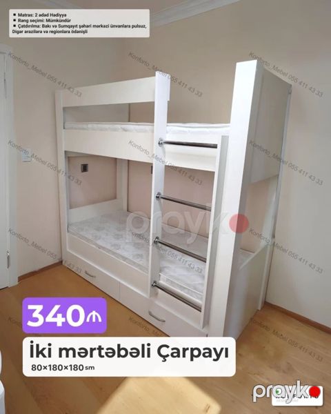İki mərtəbəli çarpayı – 80×180×180 sm - Kompakt ölçülər: 80 sm eni — Bakı