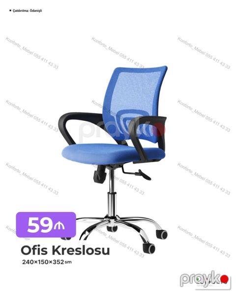 Ofis kreslosu – mavi torlu bel dayağı və yumşaq oturacaq - Ölçülər — Bakı