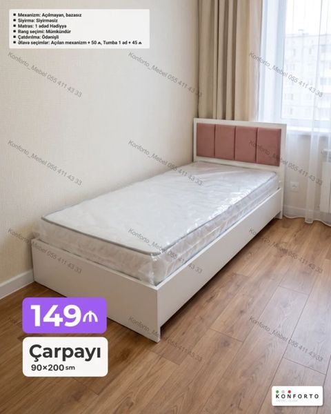 Çarpayı – 90×200 sm Model: Bazasız, açılmayan mexanizm Sıyırma — Bakı