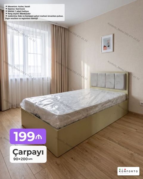 Tək nəfərlik çarpayı – 90×200 sm - Mexanizm: açılan, bazalı — Bakı