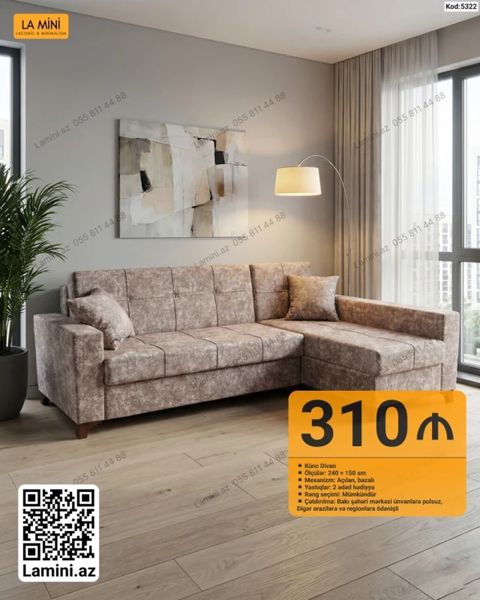 Künc divan – Kod: 5322 - Ölçülər: 240 150 sm - Mexanizm: Açılan — Bakı