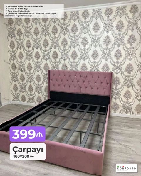 Məhsul: Çarpayı – 160×200 sm - Başlıq hissəsi kapitone dizaynlı — Bakı