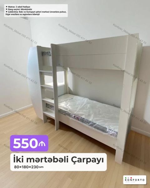 İki mərtəbəli çarpayı – 80×180×230 sm - Rəng seçimi: mümkündür — Bakı