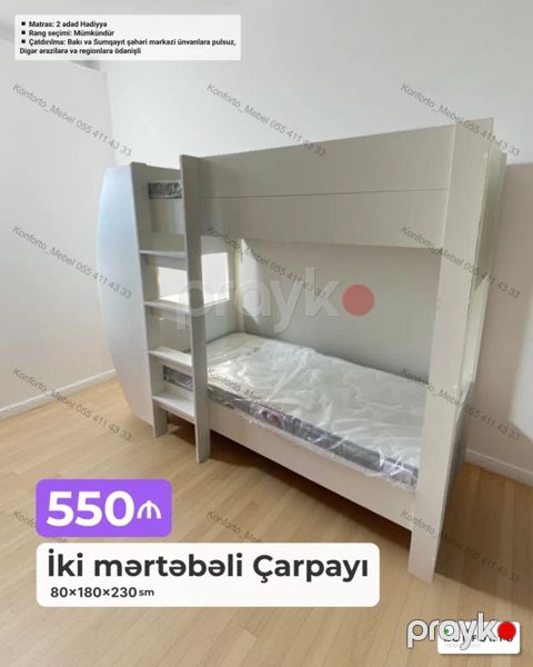 İki mərtəbəli çarpayı – 80×180×230 sm - Rəng seçimi: mümkündür — Bakı