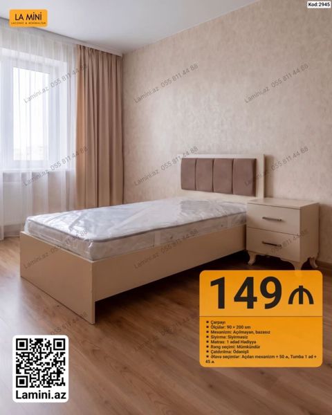 Kod: 2945 Məhsul: Tək nəfərlik çarpayı + matras (hədiyyə) - Ölçü: 90 — Bakı