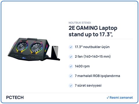 2E Gamıng Laptop stand up to 17.3", 2xUSB-A, LCD/phone holder, RGB, black (2E-CPG-006) — Bakı