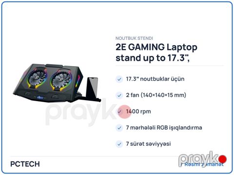 2E Gamıng Laptop stand up to 17.3", 2xUSB-A, LCD/phone holder, RGB, black (2E-CPG-006) — Bakı